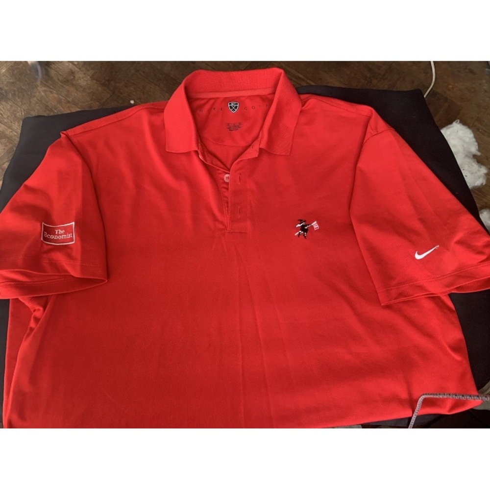 Red Nike Golf polo shirt featuring "The Economist" logo on the left sleeve XL